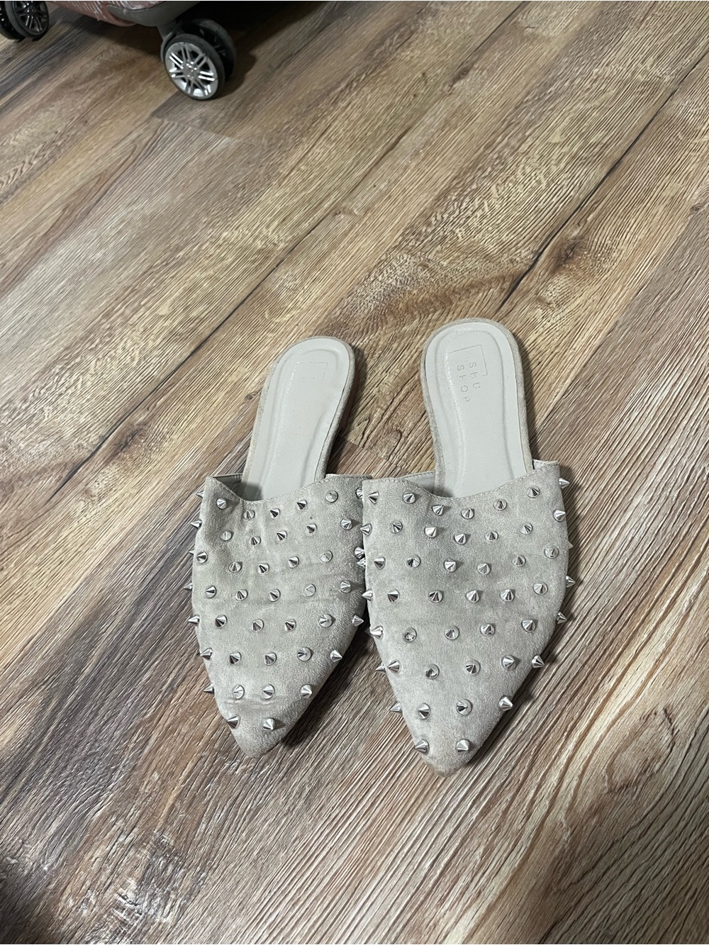 ShuShop Studded Pointed Toe Slide Mules in Light Gray